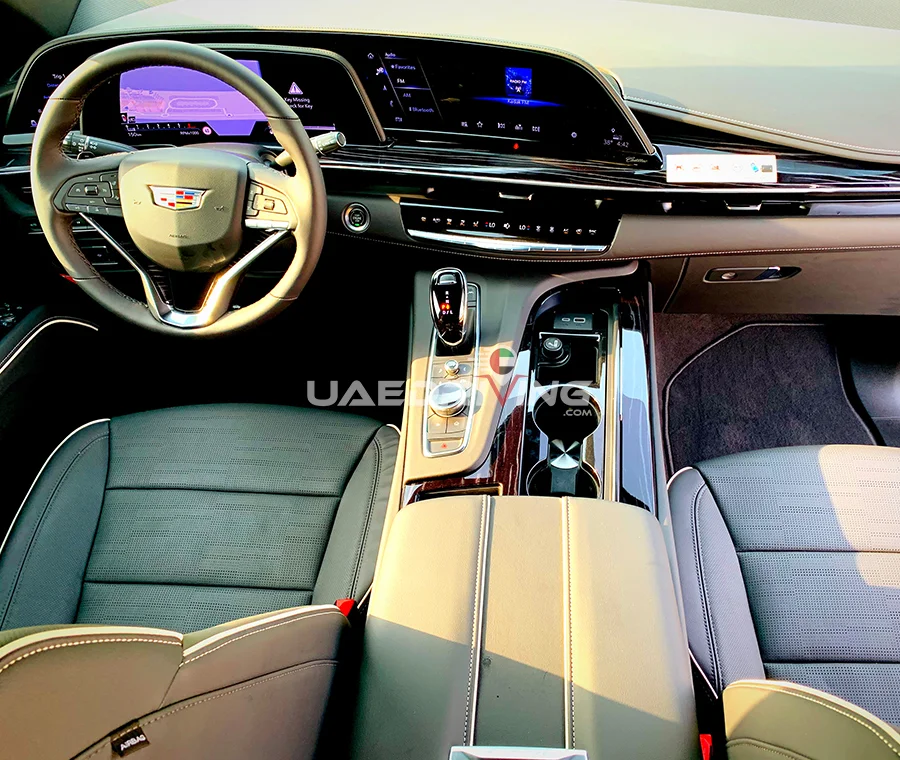 Luxurious interior of a black Cadillac Escalade car showcasing the presence of sumptuous leather seats