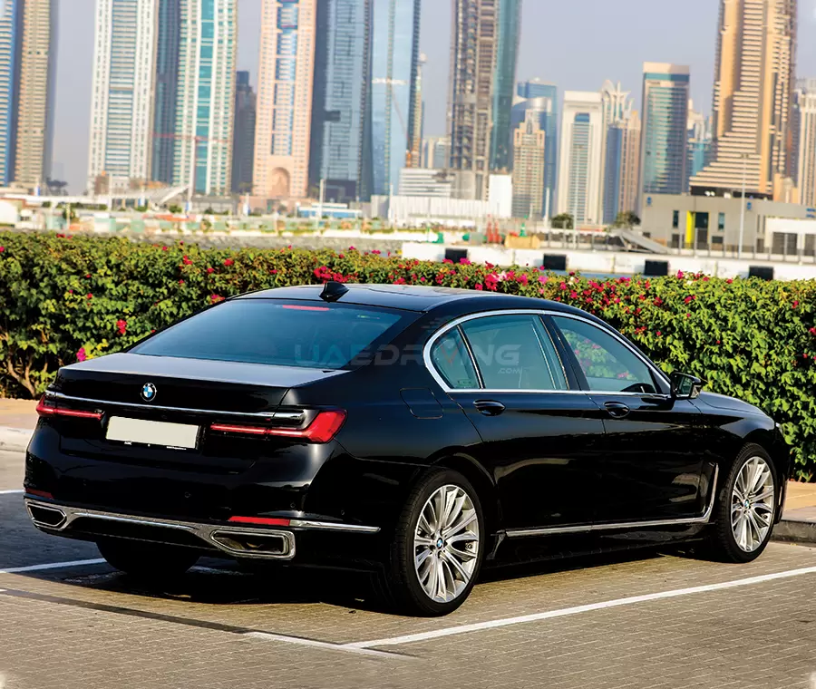 Back view image of BMW 730 Li renowned for its exquisite design and unparalleled luxury.