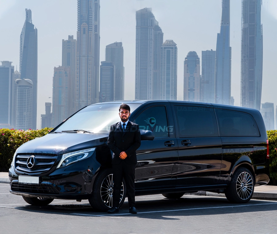 An image of black Mercedes V Class car with private chauffeur