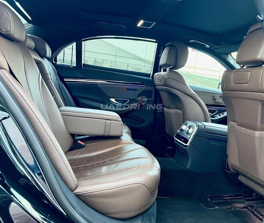 Close up view of a Mercedes Benz S Class car emphasizing its leather seating arrangement